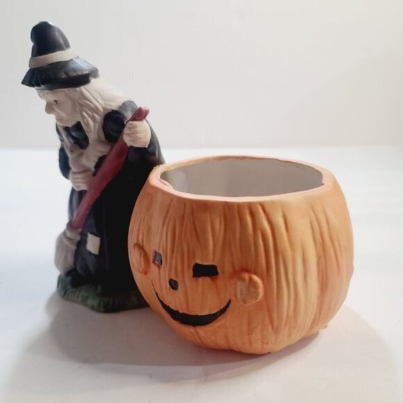 Vintage Halloween Witch Pumpkin Ceramic Tea Light Candle Holder - Picture 8 of 16